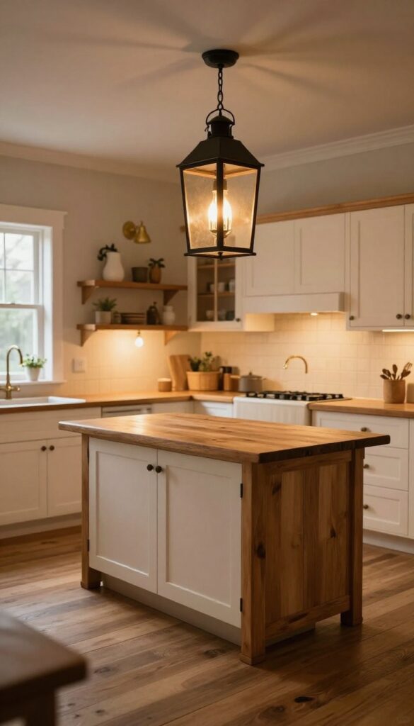 Cozy farmhouse kitchen with warm lantern pendant lights over a wooden island, glowing under-cabinet lighting, white cabinets, and brass sconces creating an inviting timeless glow.