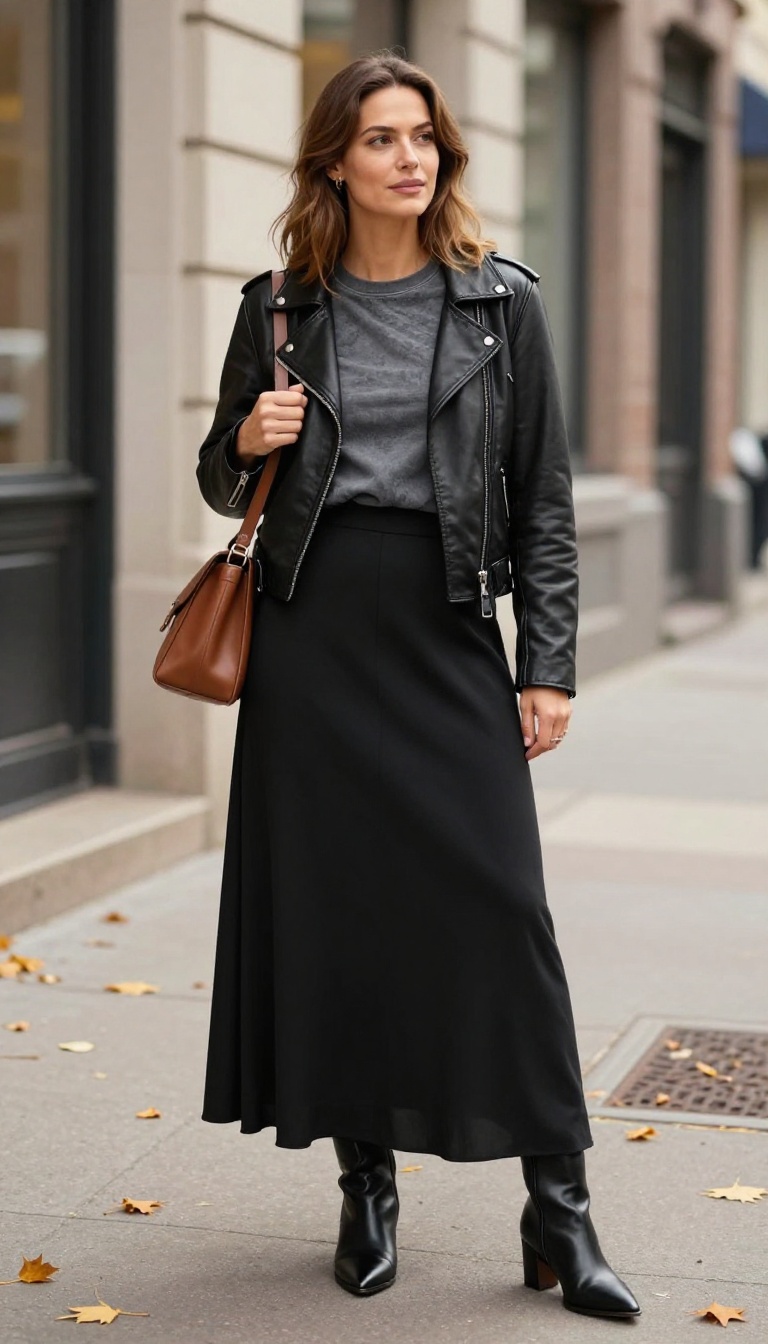 11. Maxi Skirt + Graphic Tee + Moto Jacket + Heeled Boots