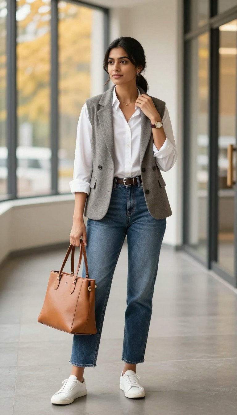 13. Distressed Jeans + Crisp Shirt + Blazer + Sneakers