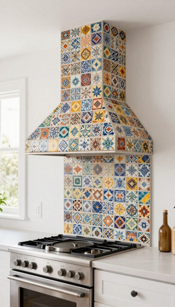 A bright kitchen with a custom vent hood cover made of small patterned Mediterranean tiles above a stainless steel stove, paired with a simple white backsplash and natural light.