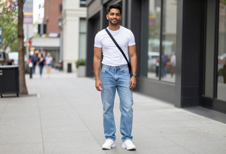 Man wearing a Y2K streetwear outfit with a graphic tee, baggy jeans, and chunky sneakers.