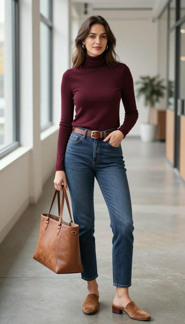 3. Medium Wash Boyfriend Jeans + Turtleneck + Mules