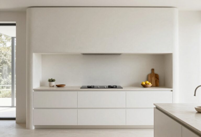 Curved plaster kitchen range hood above a stove in a bright modern kitchen
