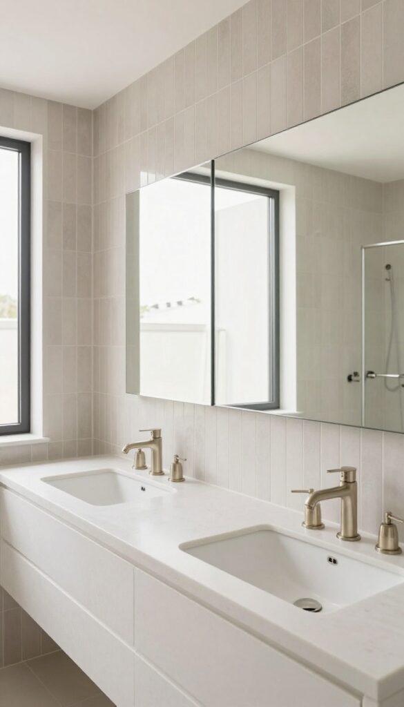 Bright bathroom with a double sink vanity and a floor-to-ceiling statement tile backsplash in warm neutral tones