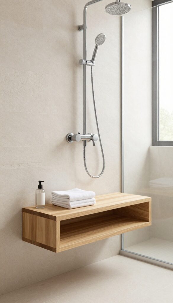 Modern bright bathroom shower with a wooden shower bench that has hidden storage underneath, keeping the bench top clear and clutter-free
