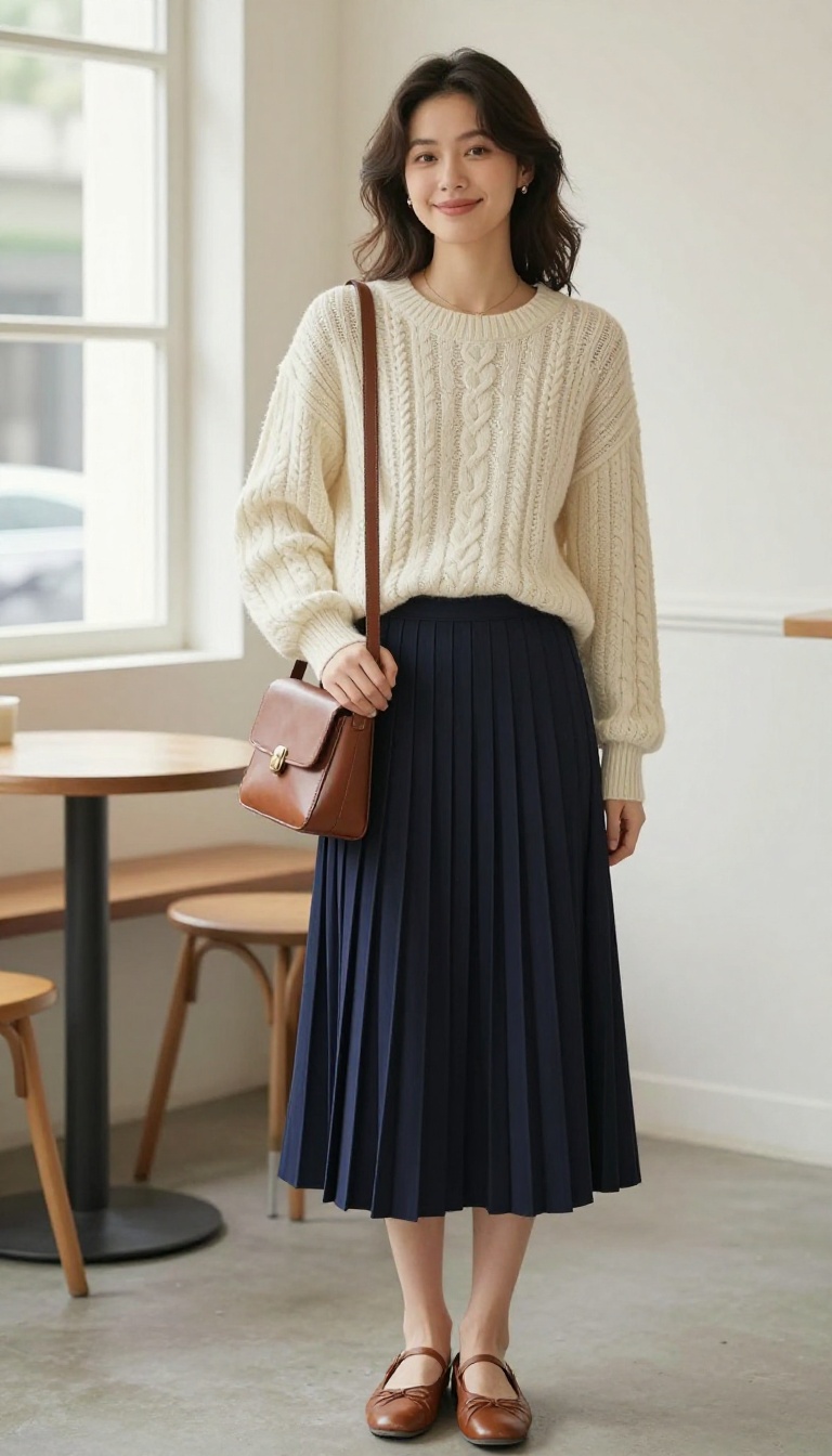2. The Preppy Cable-Knit Sweater with Pleated Skirt