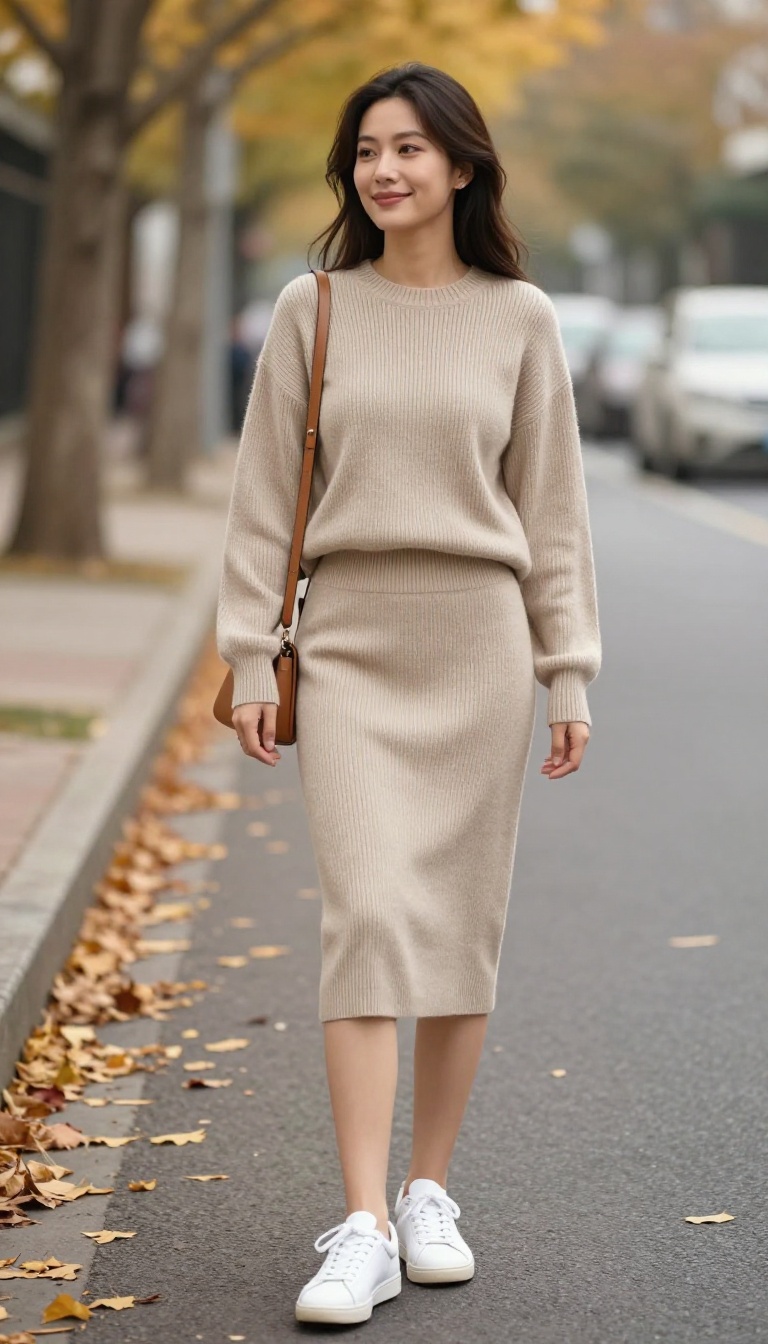 6. Cozy Knit Set: Ribbed Skirt and Matching Sweater