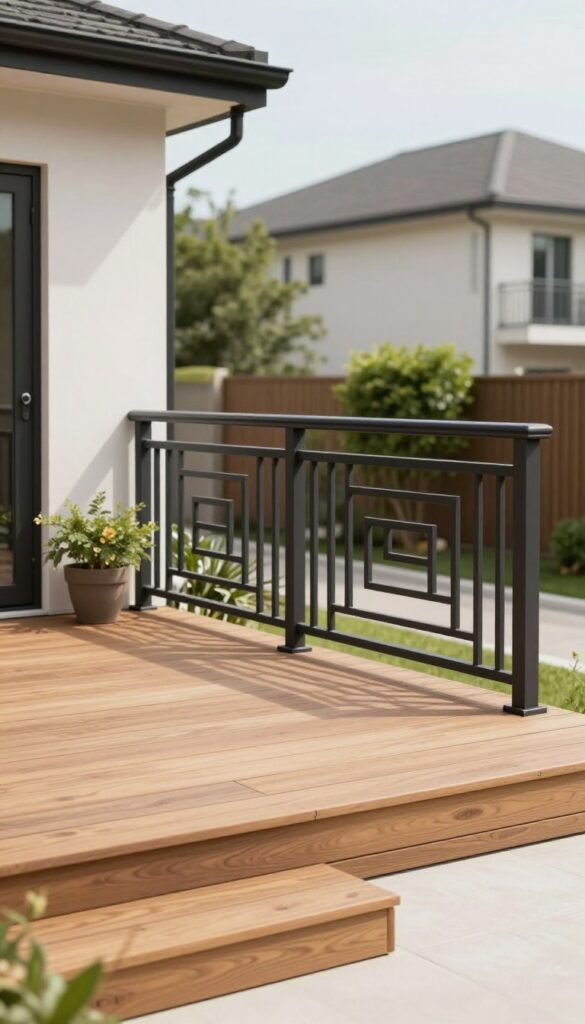 Modern deck railing with patterned laser-cut metal panels in a bright urban backyard