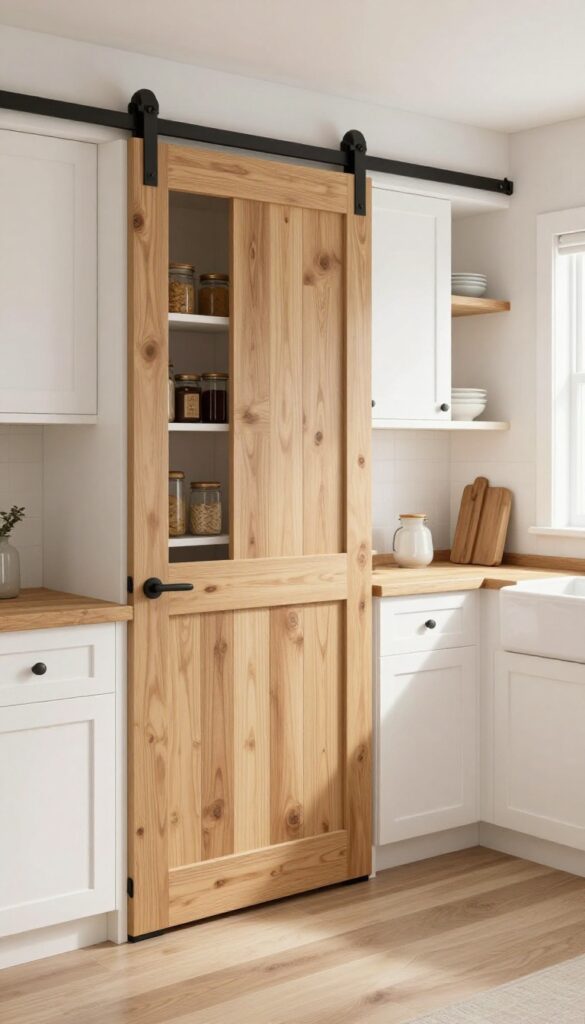 Bright small farmhouse kitchen with a light wood sliding barn door on a black metal rail, white shaker cabinets, butcher block counters, and natural daylight