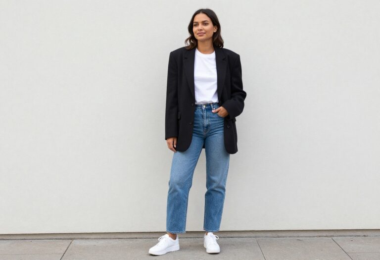 Woman wearing a modern 80s outfit with an oversized blazer, graphic tee, and high-waisted jeans