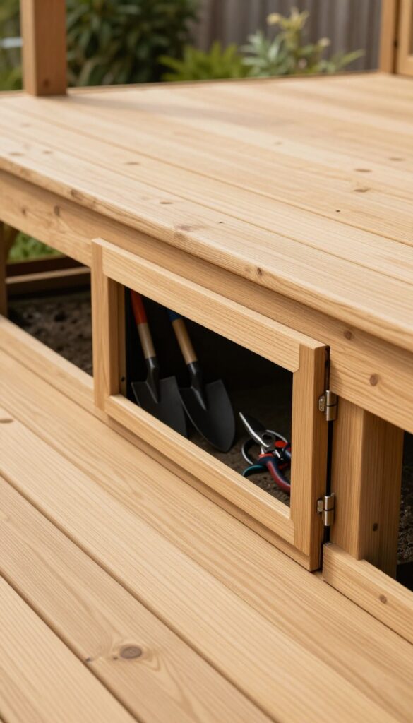 Wooden deck skirting with a hinged access door panel slightly open to reveal under-deck storage space