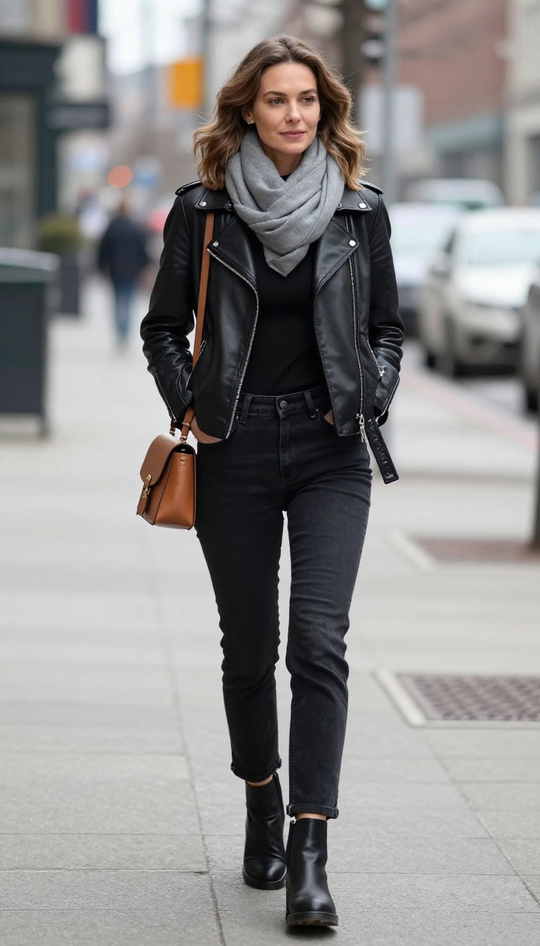 3. Faux Leather Jacket and Black Mom Jeans
