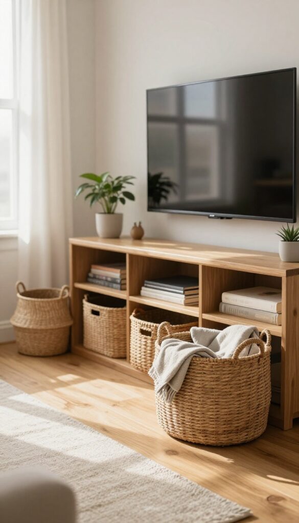 Living room entertainment center with woven storage baskets on open wooden shelves beneath a mounted television, styled with a folded blanket and bright natural light