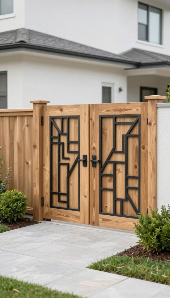 Wood front yard fence featuring geometric decorative metal panel inserts near the entry area, surrounded by neat landscaping in bright natural light
