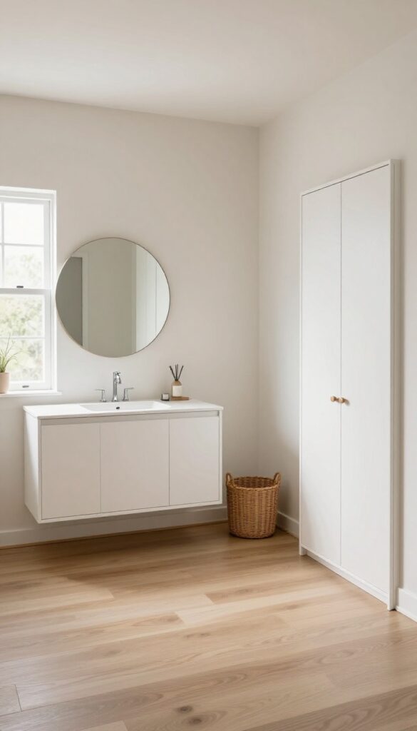 Bright bathroom with a single white vanity paired with a tall slim white linen cabinet for vertical storage, keeping the space open and airy