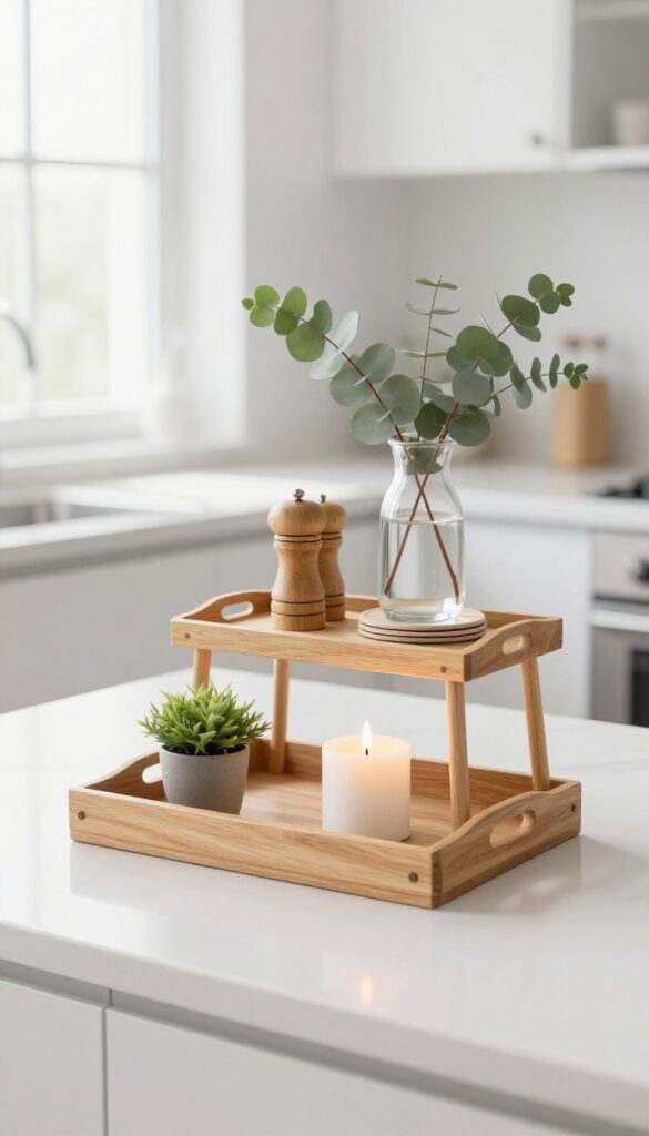 Two-tiered wooden tray on a bright kitchen counter holding a small plant, candle, salt and pepper grinders, mini cutting board, eucalyptus vase, and stacked coasters in natural light.