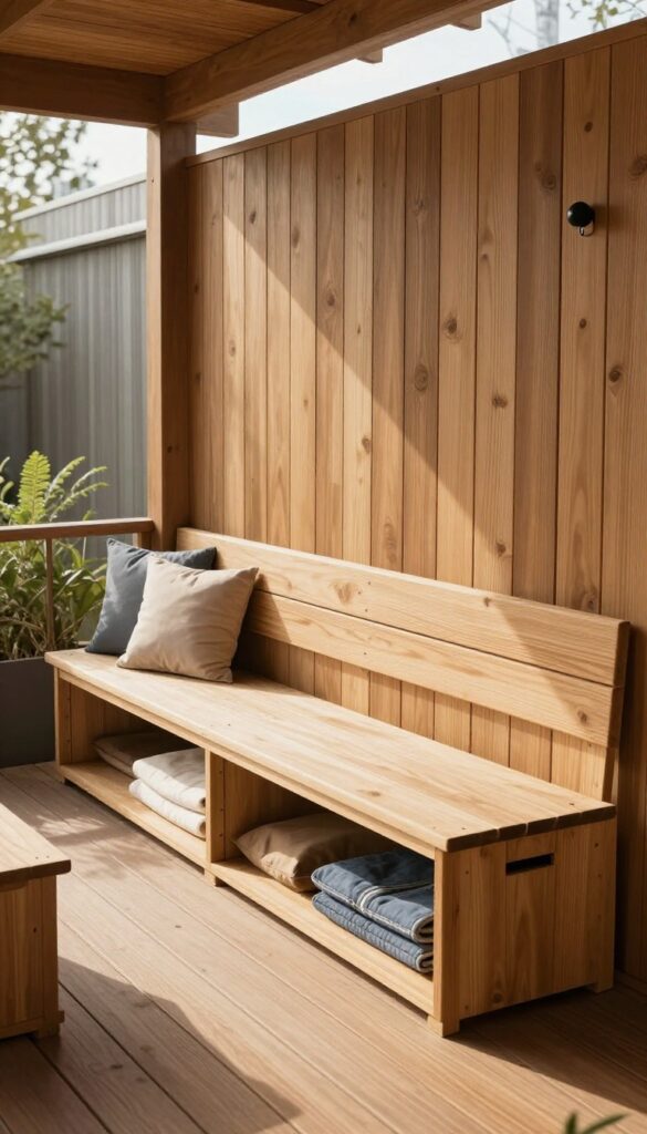 Under-deck patio with built-in bench seating and hidden storage compartments, matching vertical cabinets, and a waterproof deck box in neutral tones under bright natural light.