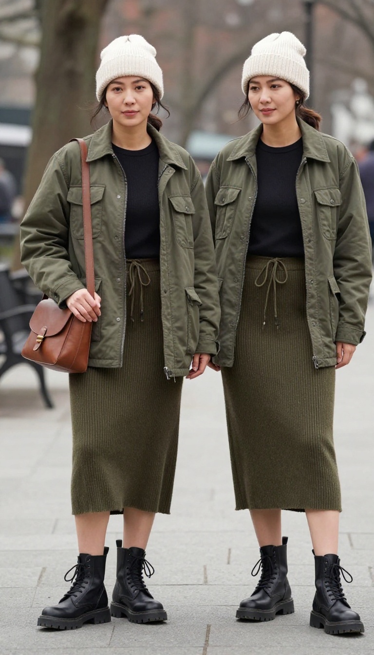 7. Olive Green Knit Skirt with Utility Jacket and Combat Boots