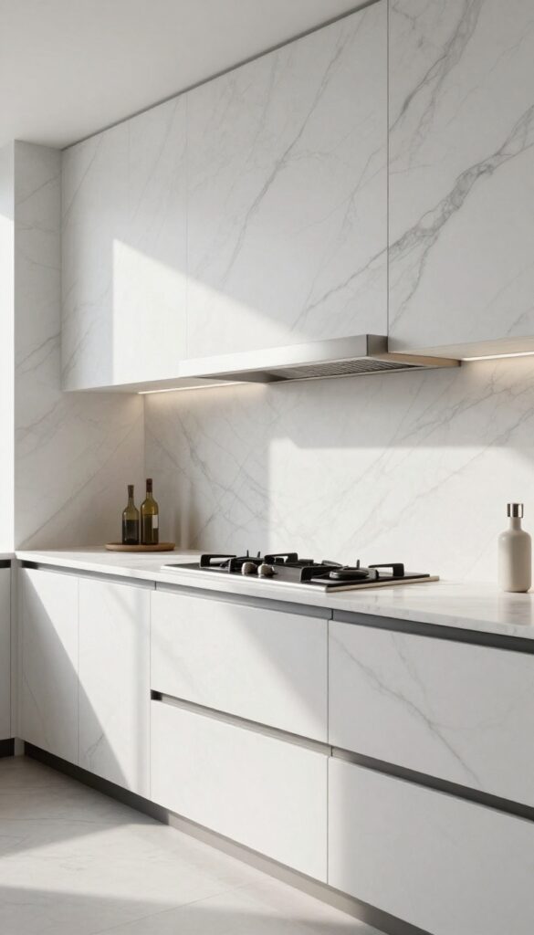 Luxury kitchen with a marble stone slab range hood that matches the veined backsplash for a seamless custom cooking wall