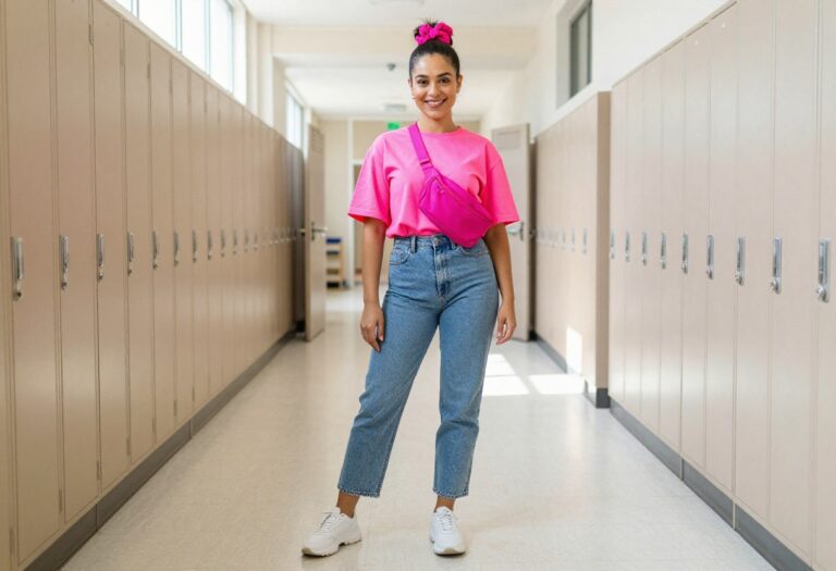 Woman in 80s neon outfit with fanny pack and scrunchie in school hallway