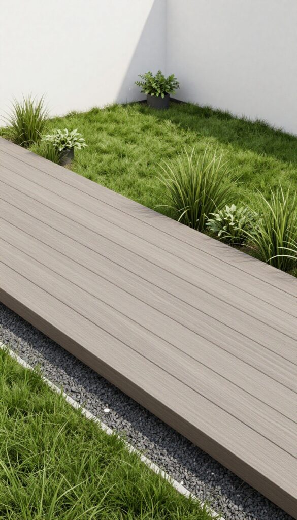 Low-profile floating composite deck platform with crisp squared edges in a small modern backyard, bordered by gravel and potted plants in bright natural light