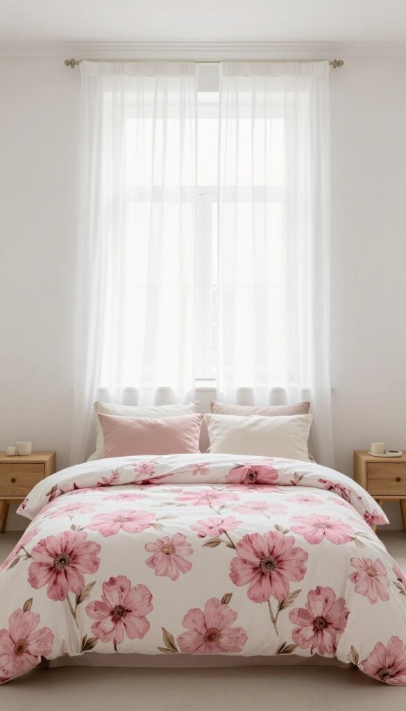 Bright bedroom with a bed styled in oversized bold pink floral bedding, neutral pillows, and clean natural light