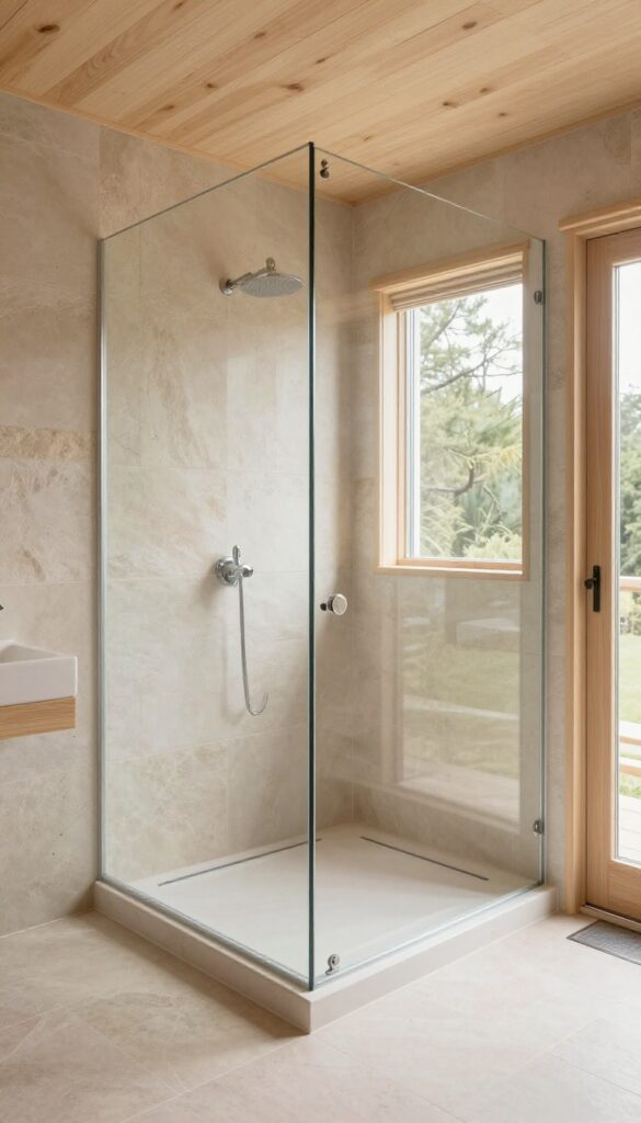 Bright cabin bathroom with a walk-in shower made of light natural stone tiles, frameless glass, wood accents, and soft daylight