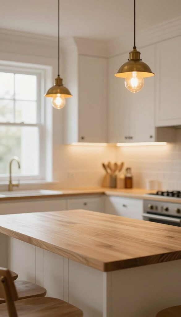 Warm white kitchen with brass pendant lights and under-cabinet lighting creating a cozy amber glow over creamy cabinets