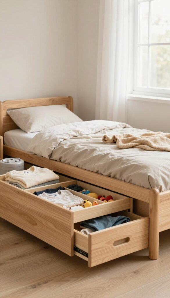 Small boy's bedroom with a low-profile bed frame featuring built-in under-bed drawers, one drawer open to show organized toys and clothes, bright natural light and neutral bedding.