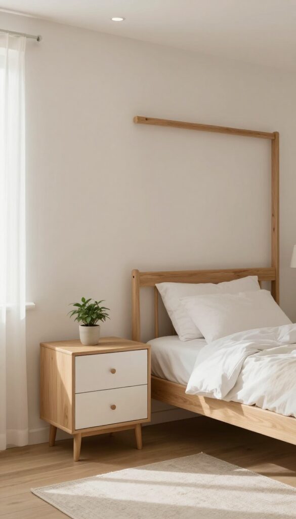 Bright windowless bedroom with light oak bed frame, pale birch dresser, white bedding, and soft neutral decor that makes the small space feel open and airy.