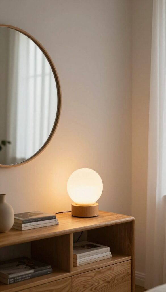 A round mirror on a living room wall reflecting the warm glow of a table lamp placed on a console table in front of it, creating a soft layered light in a cozy corner.