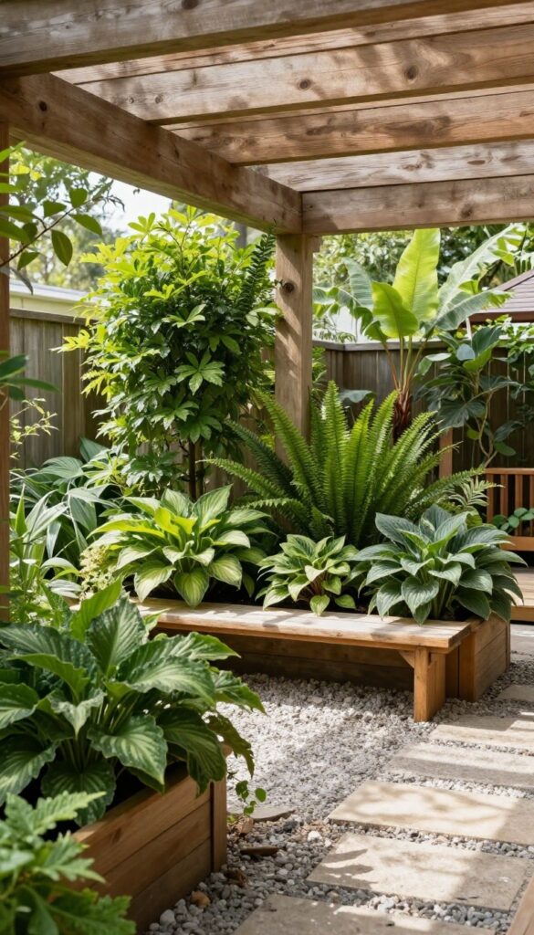 Lush shade garden retreat beneath a wooden deck with ferns and hostas in raised planters, gravel path, and a small bench in soft filtered light