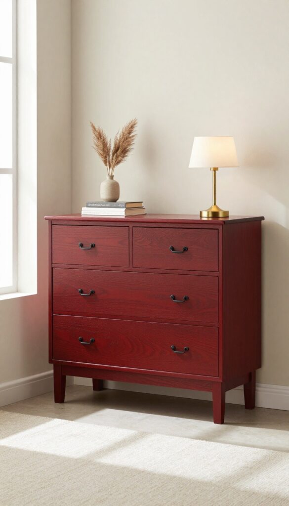 A vintage wooden dresser painted in deep dark red with matte black handles, styled with a brass lamp and dried pampas grass in a bright neutral bedroom.