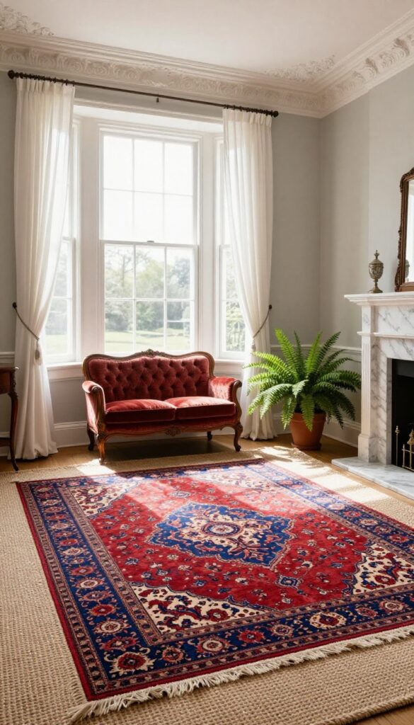 Victorian living room with a large neutral jute rug layered beneath a smaller patterned oriental rug, antique furniture, and bright natural light from tall windows