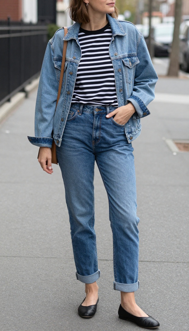 4. Boyfriend Jeans with a Striped Tee and Denim Jacket
