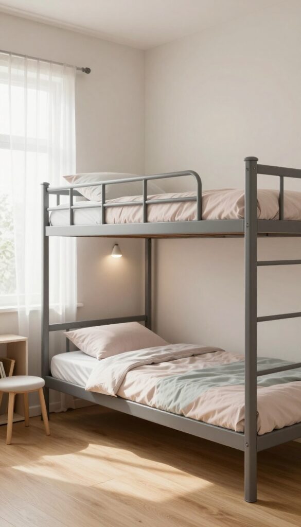 Bright small shared bedroom with a slim metal bunk bed, pastel bedding, reading chair, and narrow bookshelf in a clean airy space.