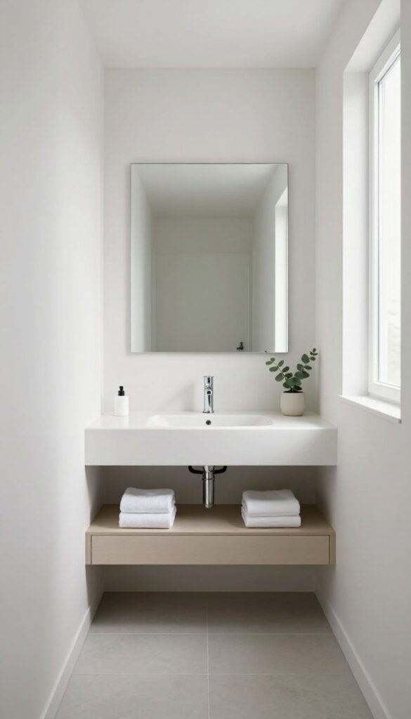 Bright narrow bathroom with a wall-to-wall frameless mirror above a floating vanity, reflecting natural light to make the long space feel wider and more open.