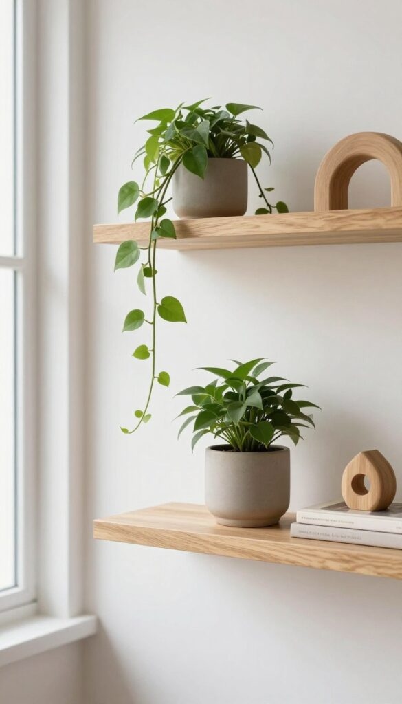 Bright living room shelf styled with one trailing plant and one leafy potted plant in neutral matte planters beside books and wooden decor in natural light.