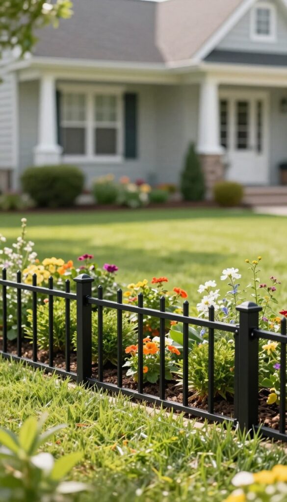 Low black metal garden border fence outlining a mulched flower bed beside a green lawn in a sunny front yard, with a house softly blurred in the background.