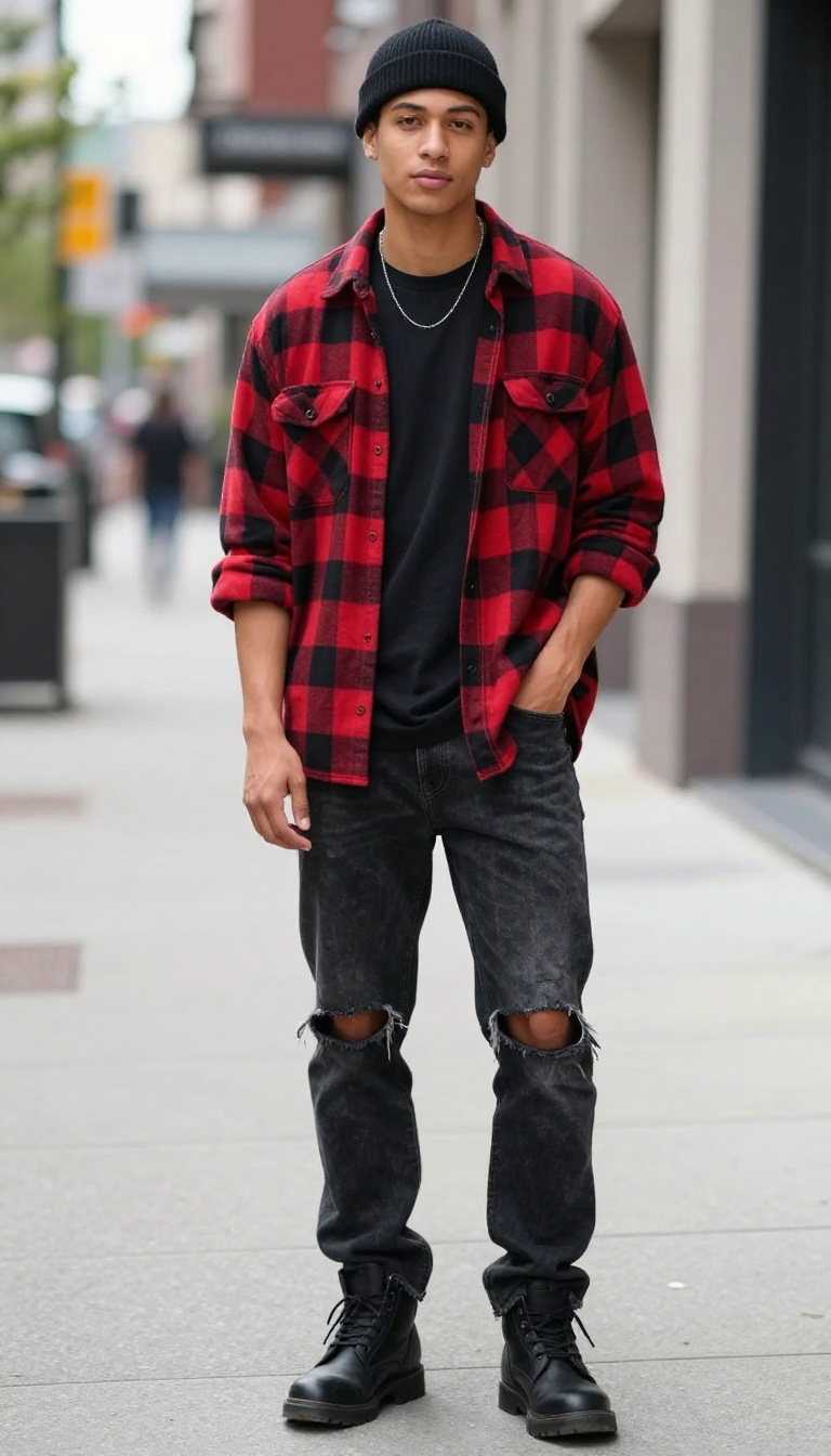 9. Oversized Flannel and Ripped Jeans