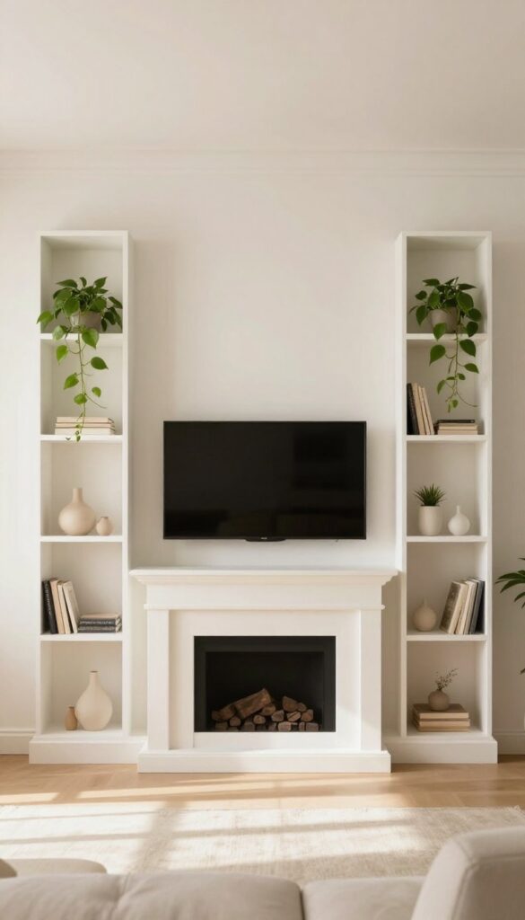 Symmetrical white floating wall shelves painted to match the wall flank a mounted TV above a fireplace in a bright living room, styled with books, a trailing plant, and neutral decor.