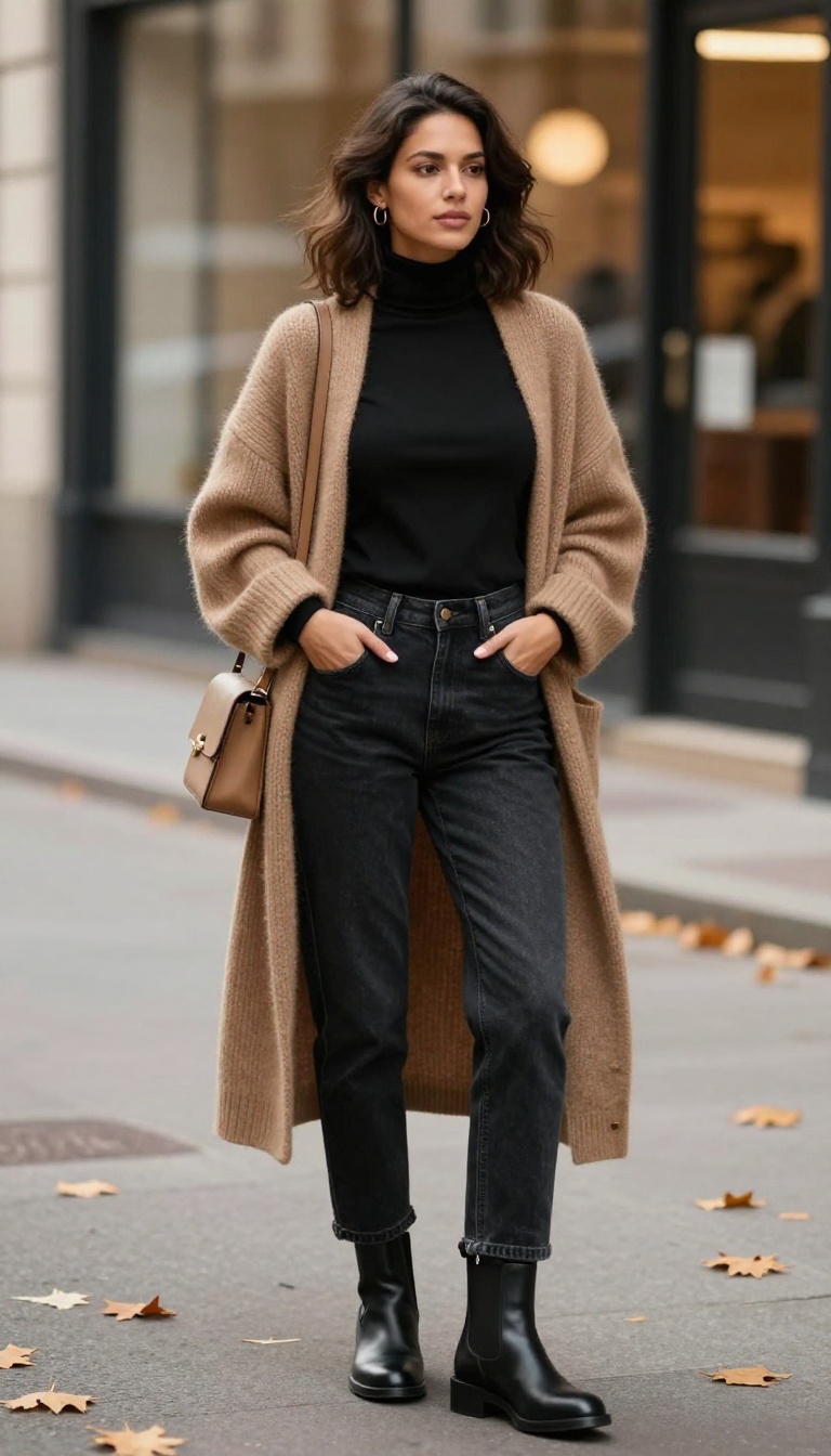 5. Layered Look: Turtleneck, Cardigan, and Dark Wash Mom Jeans