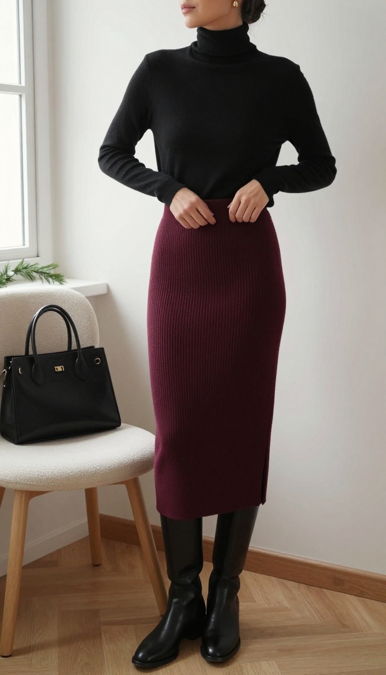 5. Burgundy Knit Skirt with Tucked Turtleneck and Knee-High Boots
