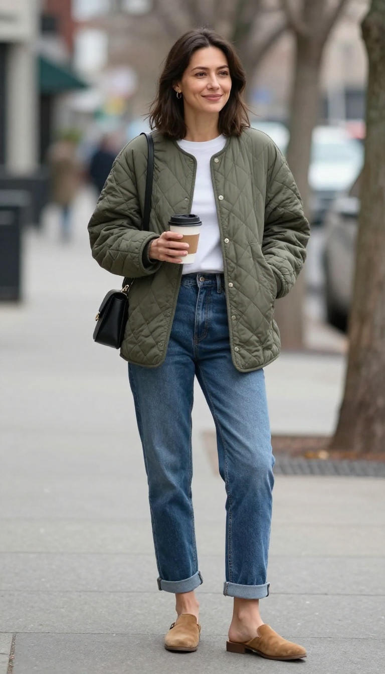 8. Quilted Jacket with Boyfriend Jeans and Slip-On Mules for Mild Winter Days