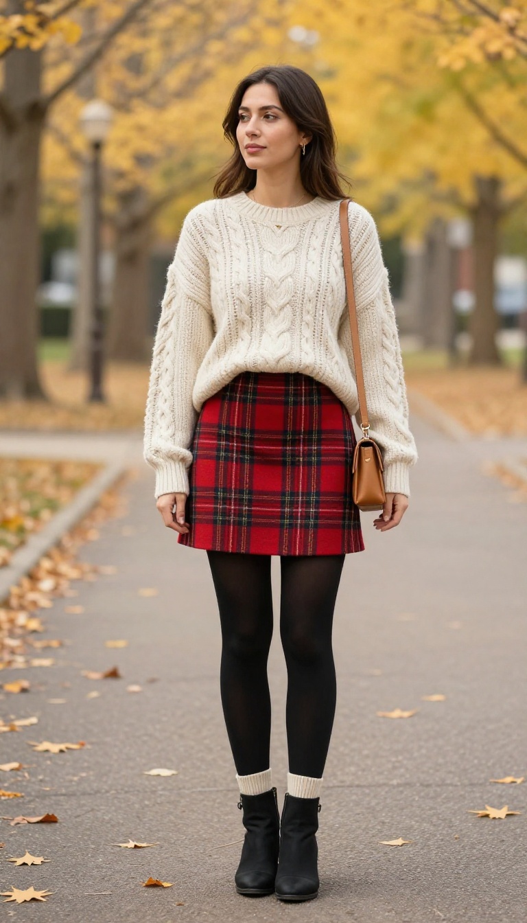 1. Cozy Cable Knit and Plaid Mini Skirt