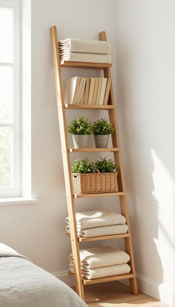 Wooden ladder-style wall shelf leaning against a bright bedroom wall, styled with folded blankets, plain books, woven baskets, and small plants in natural daylight