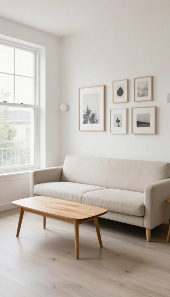 Bright narrow living room with a light-colored couch centered against the longest wall, slim-leg coffee table, nesting tables, wall-mounted lights, and gallery wall artwork behind it.