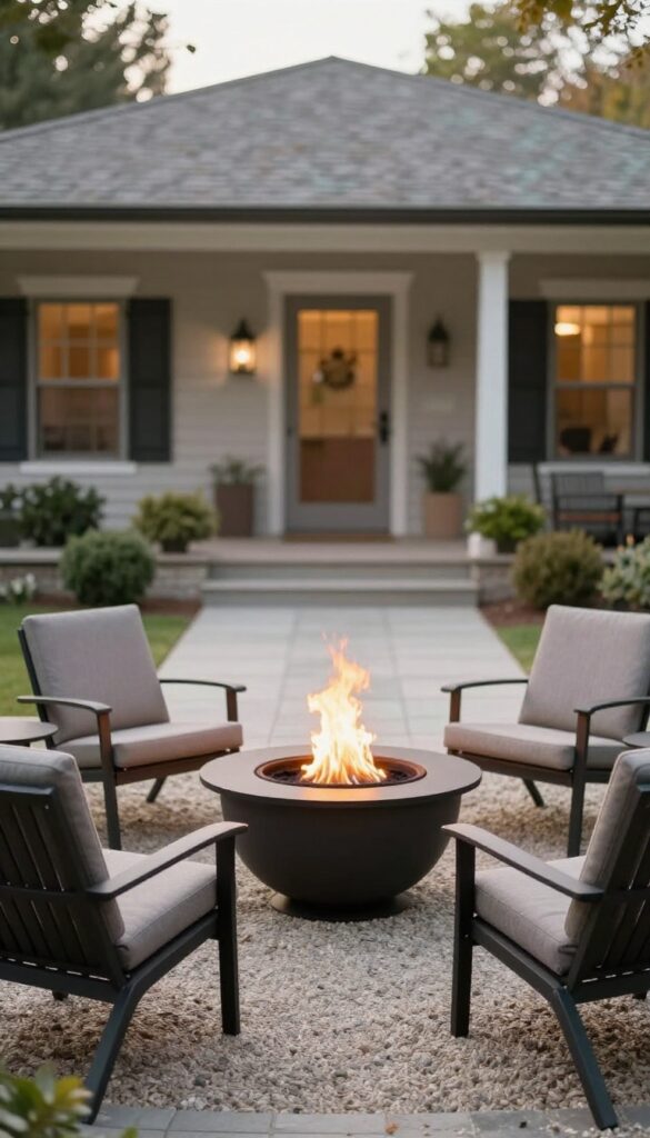 Front yard patio with a compact fire bowl at the center of evenly spaced chairs on gravel and pavers