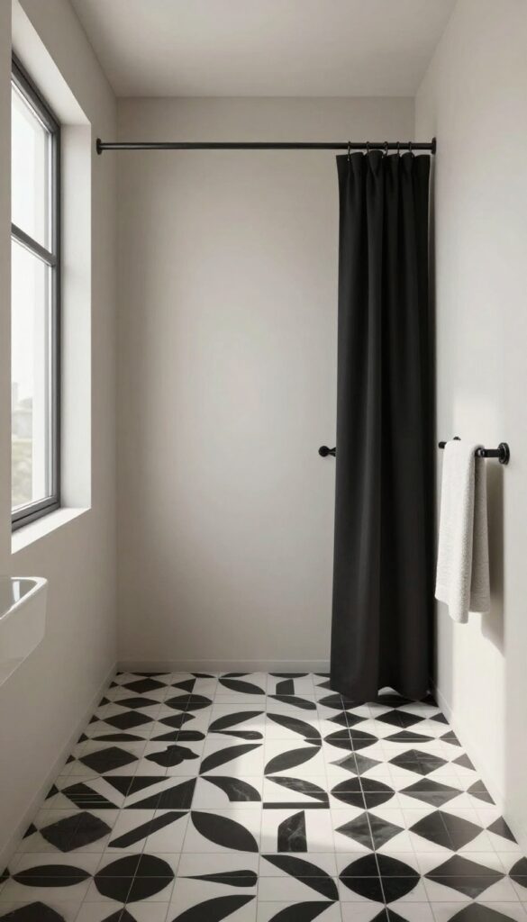 Modern bathroom with a plain black shower curtain and a bold geometric patterned tile floor against neutral walls