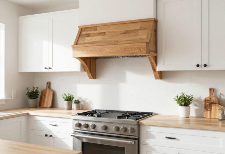 Custom wooden box range hood cover above a stainless steel range in a bright modern farmhouse kitchen
